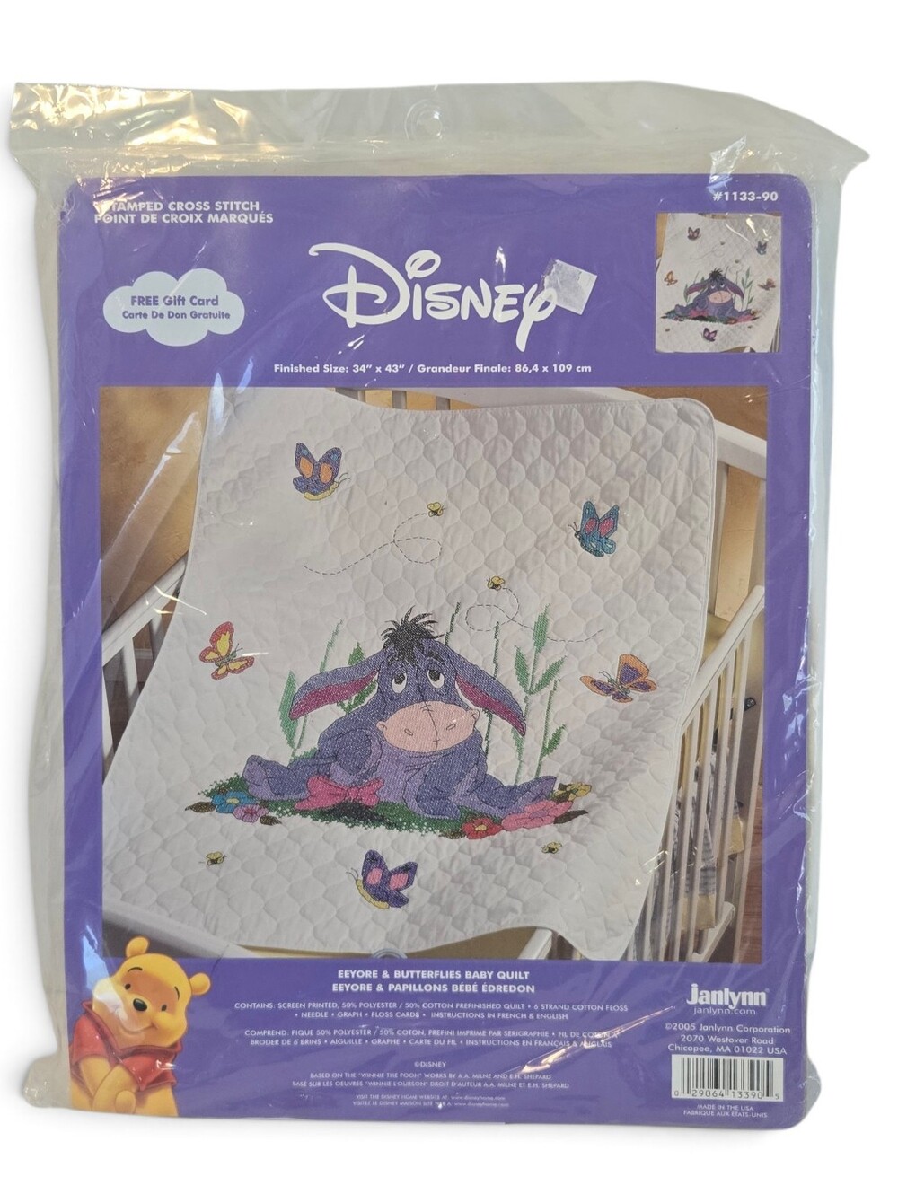 New, Sealed Janlynn Eeyore & Butterflies Stamped Cross Stitch Crib Quilt Kit